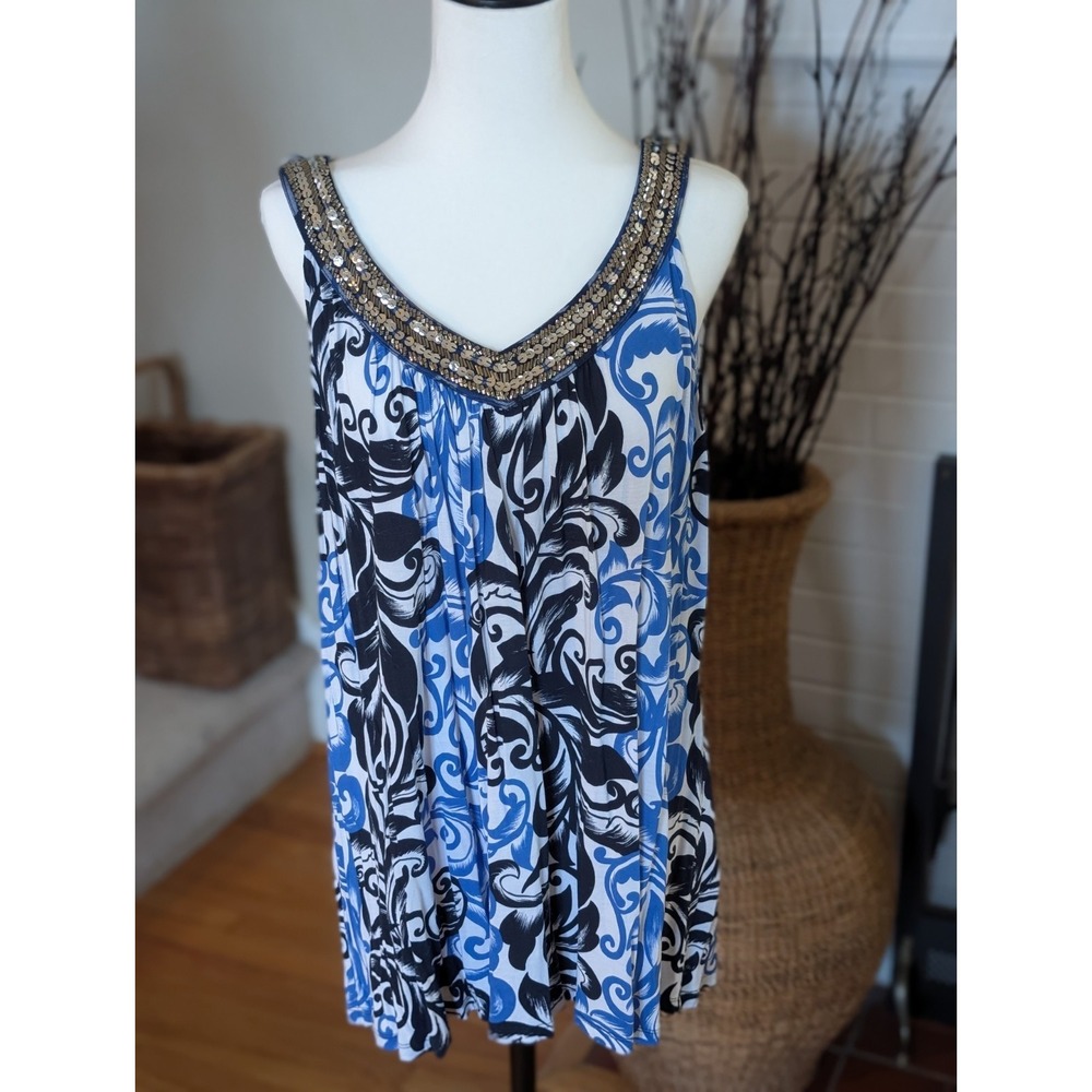 INC International Concepts Woman 2X Blue Black Damask Sequin V-Neck Tank Blouse